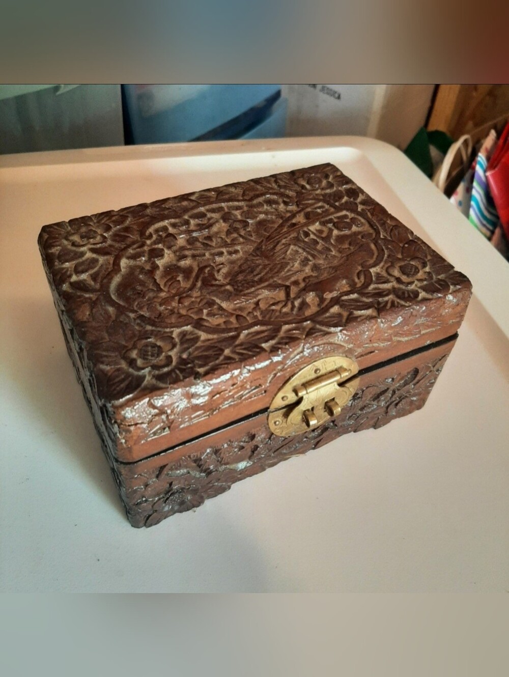 🛍Hand-Carved Wooden Jewelry Trinket Box With Floral & Bird Design